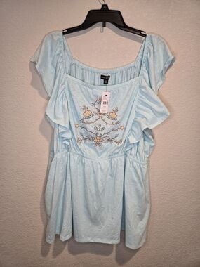 Lane Bryant Blue Peasant Blouse 18/20 Square Neck Embroidered Ruffle Flutter